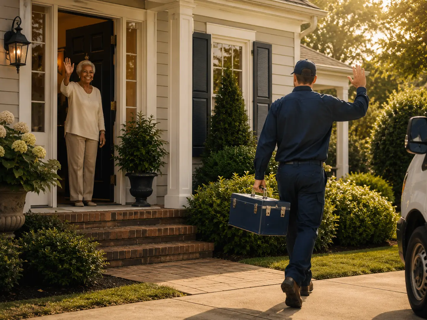 Older African American woman waving at worker in house