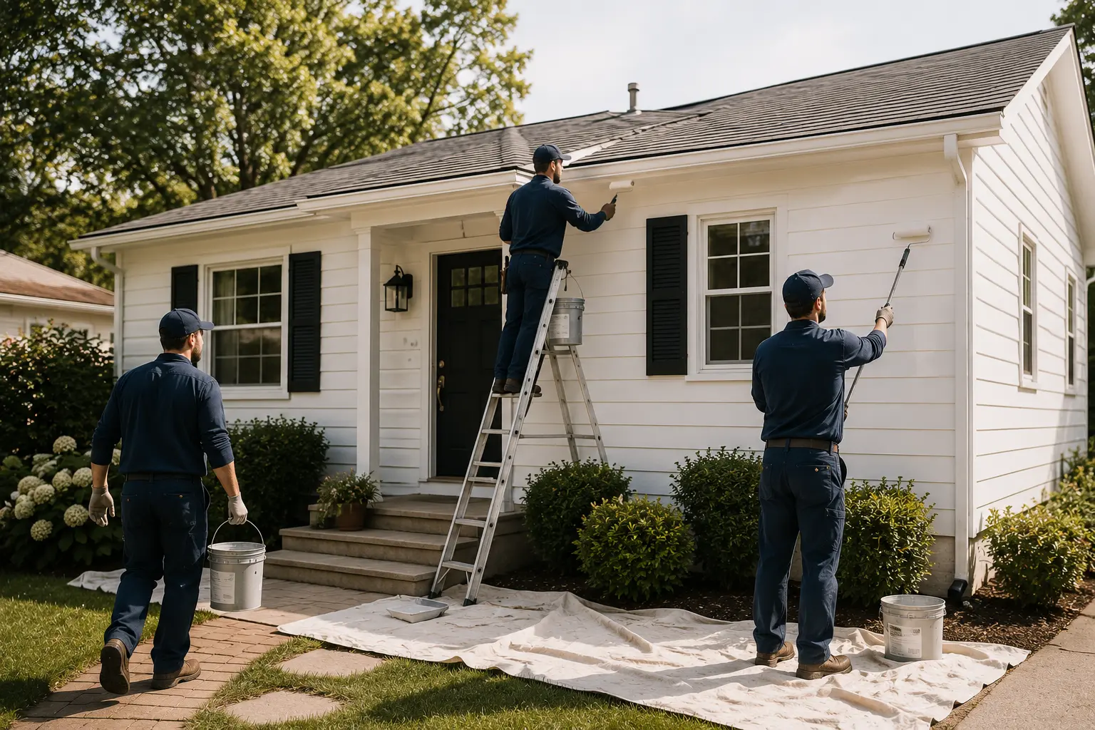 Painting house zoomed out 3 men
