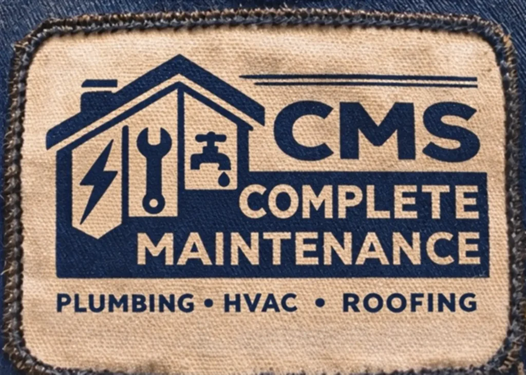 CMS Complete Maintenance logo patch for plumbing, HVAC and roofing services on canvas fabric.